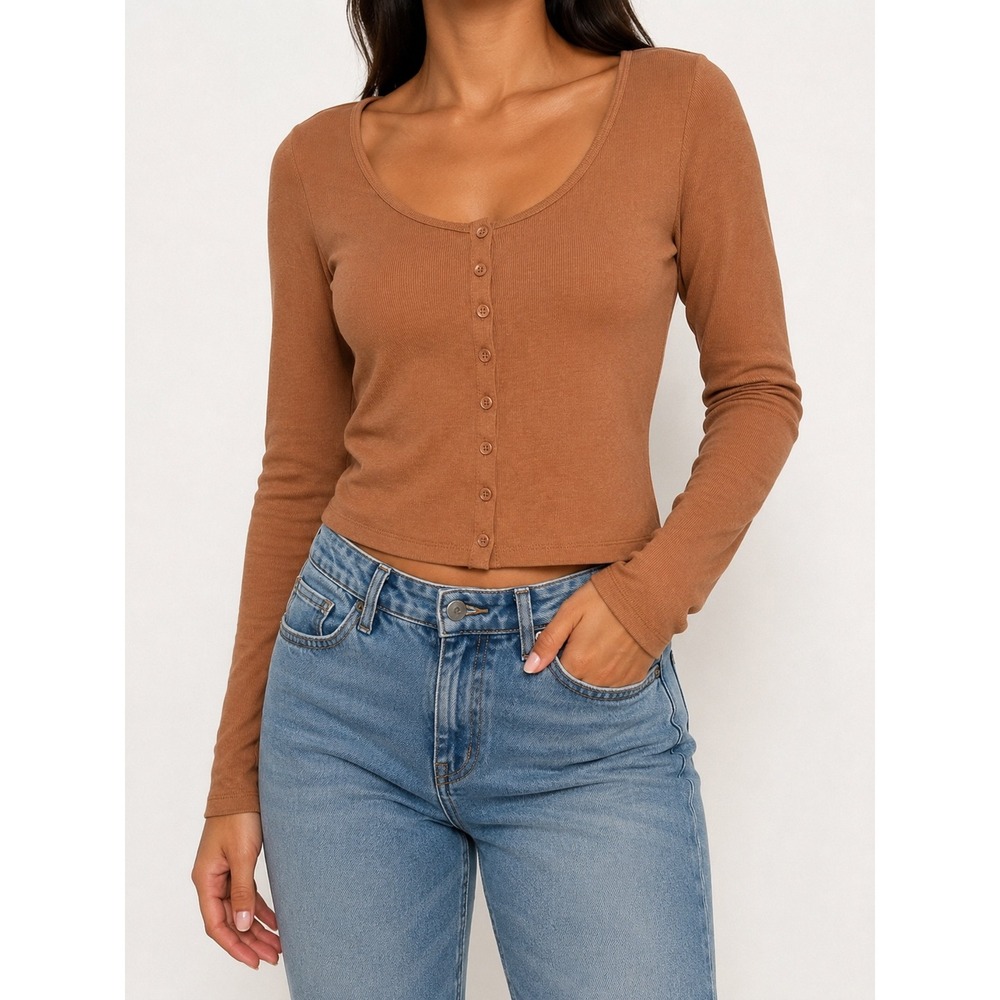 A New Day Brown Ribbed Long Sleeve Button Front Scoop Neck Cardigan Top Small